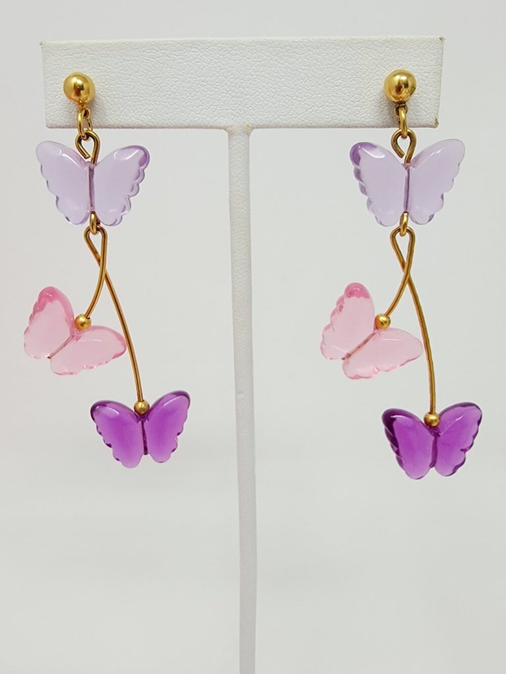 #34 Pastel Butterfly Dangle Earrings Pink Purple Gold Tone Earrings
